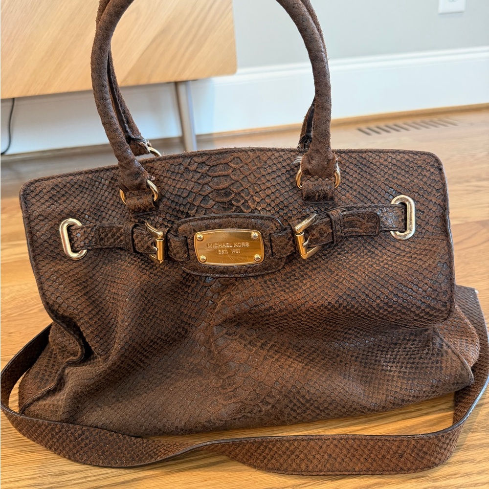 Michael Kors Brown Python-Embossed Satchel with Gold Hardware